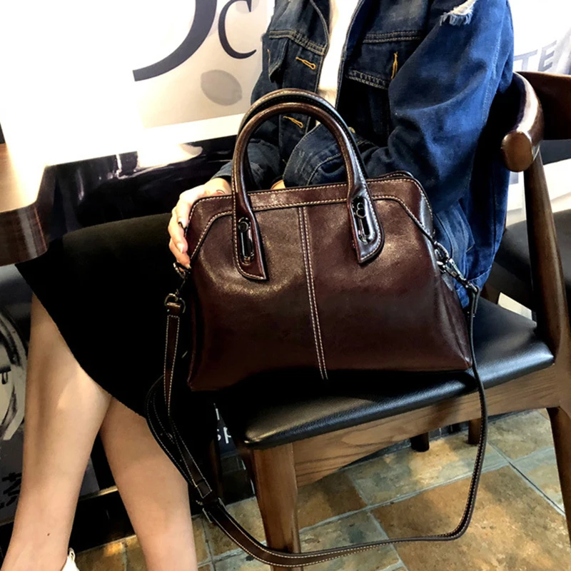Genuine Leather Women Handbag Top Handle Shoulder Cross body Bag Fashion Oil Wax Cowhide Purses and Handbags Messenger Tote Bags - Image 5